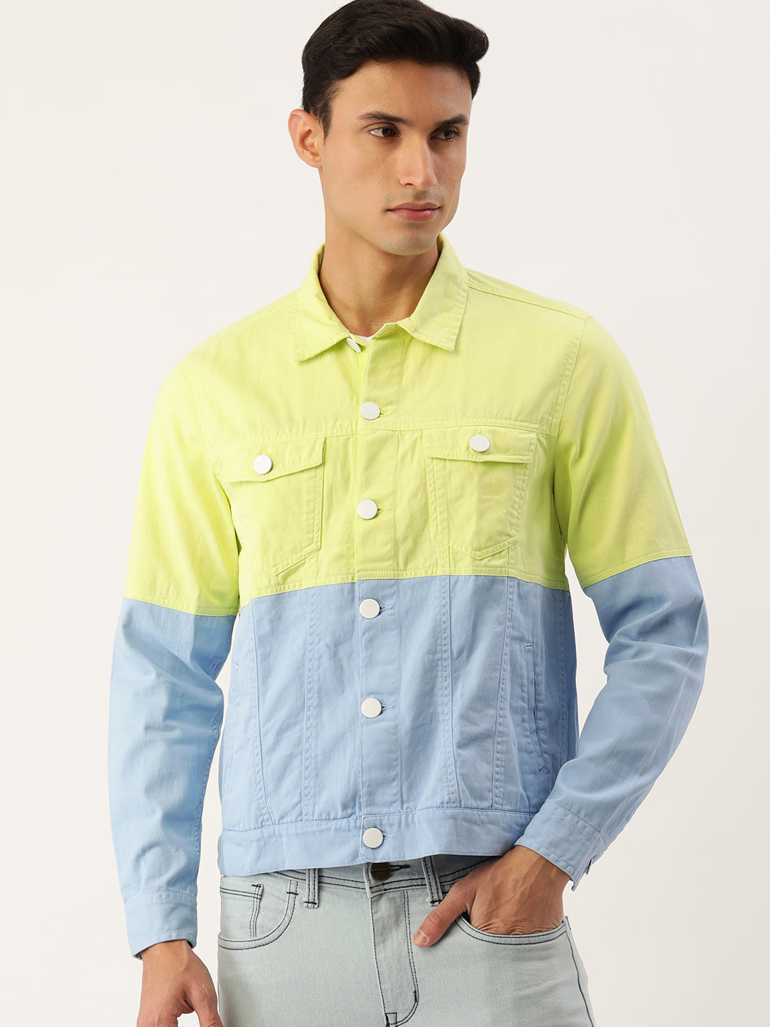 Men Neon Yellow/Cerulean Blue Slim Fit Colour Block Jacket