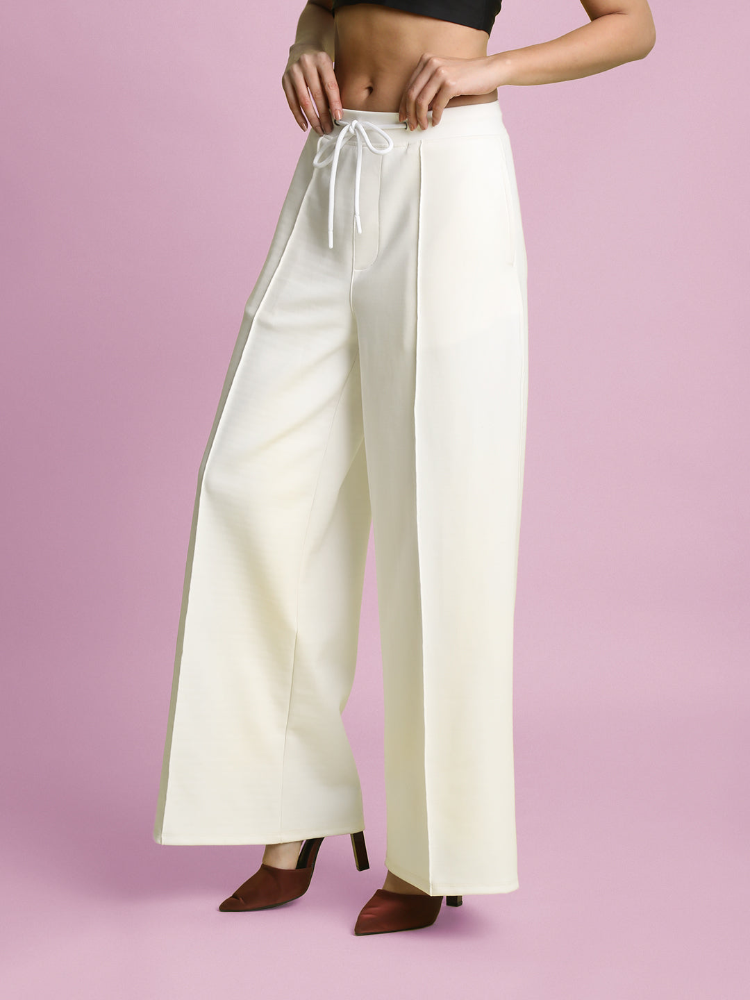 Women White Wide Leg Knitted Trousers