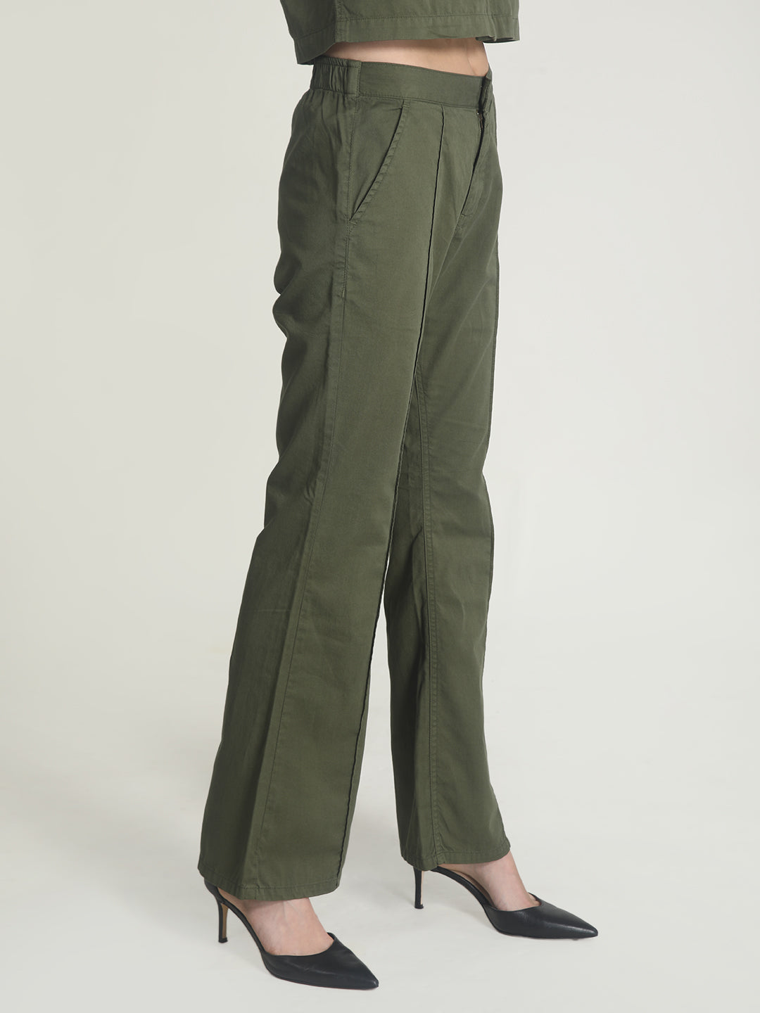 Women High Flare Fit Deep Lichen Green Trousers