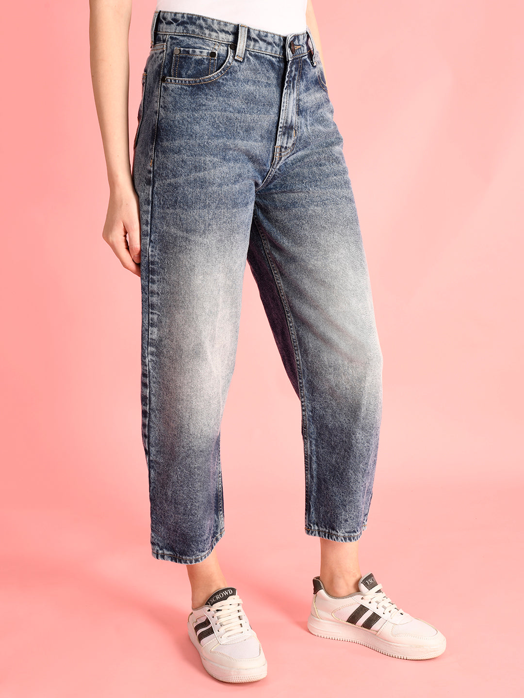 Women Balloon Fit Blue Denim Trousers