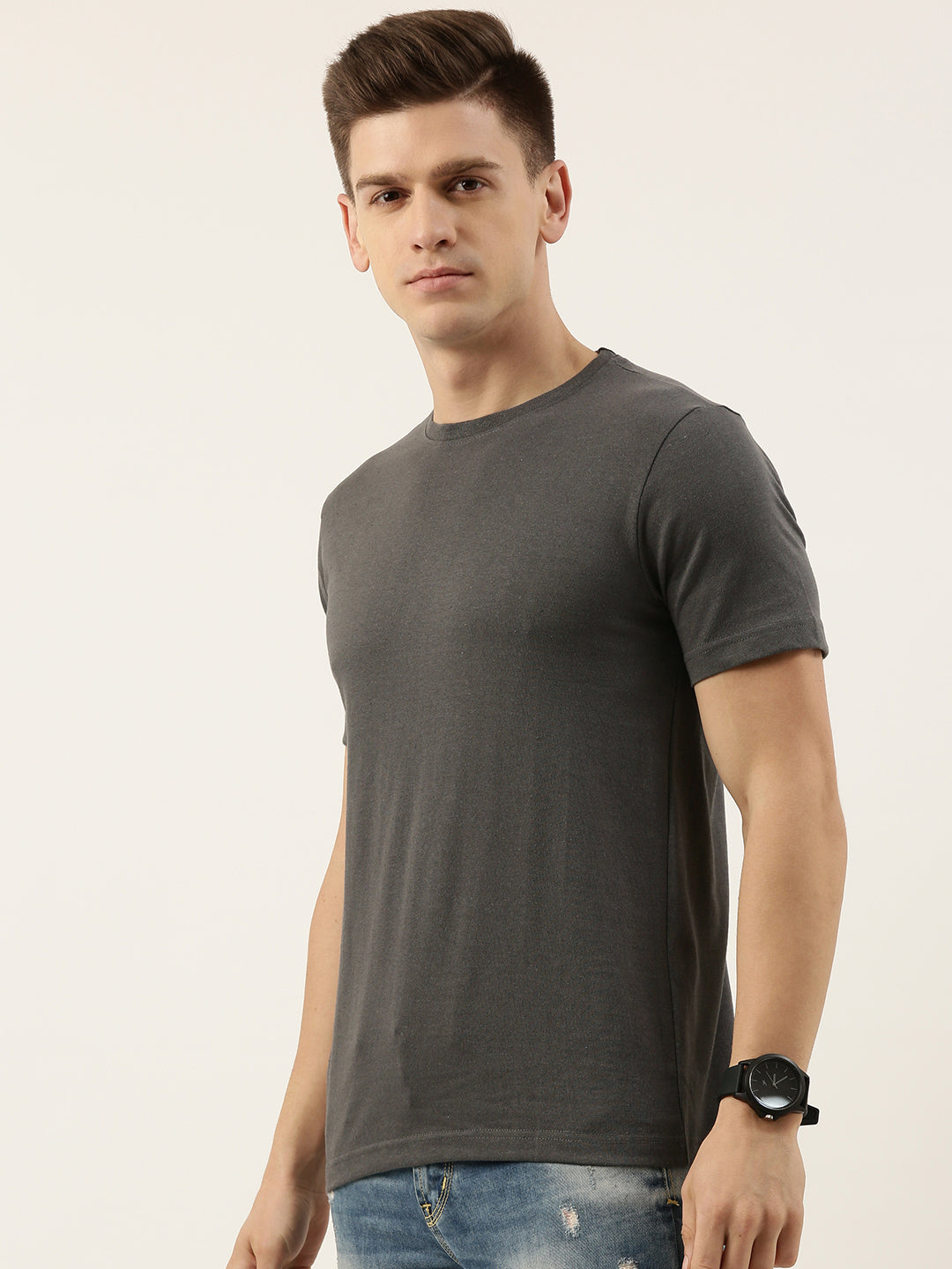 Men Grey Regular Fit Solid T-Shirt