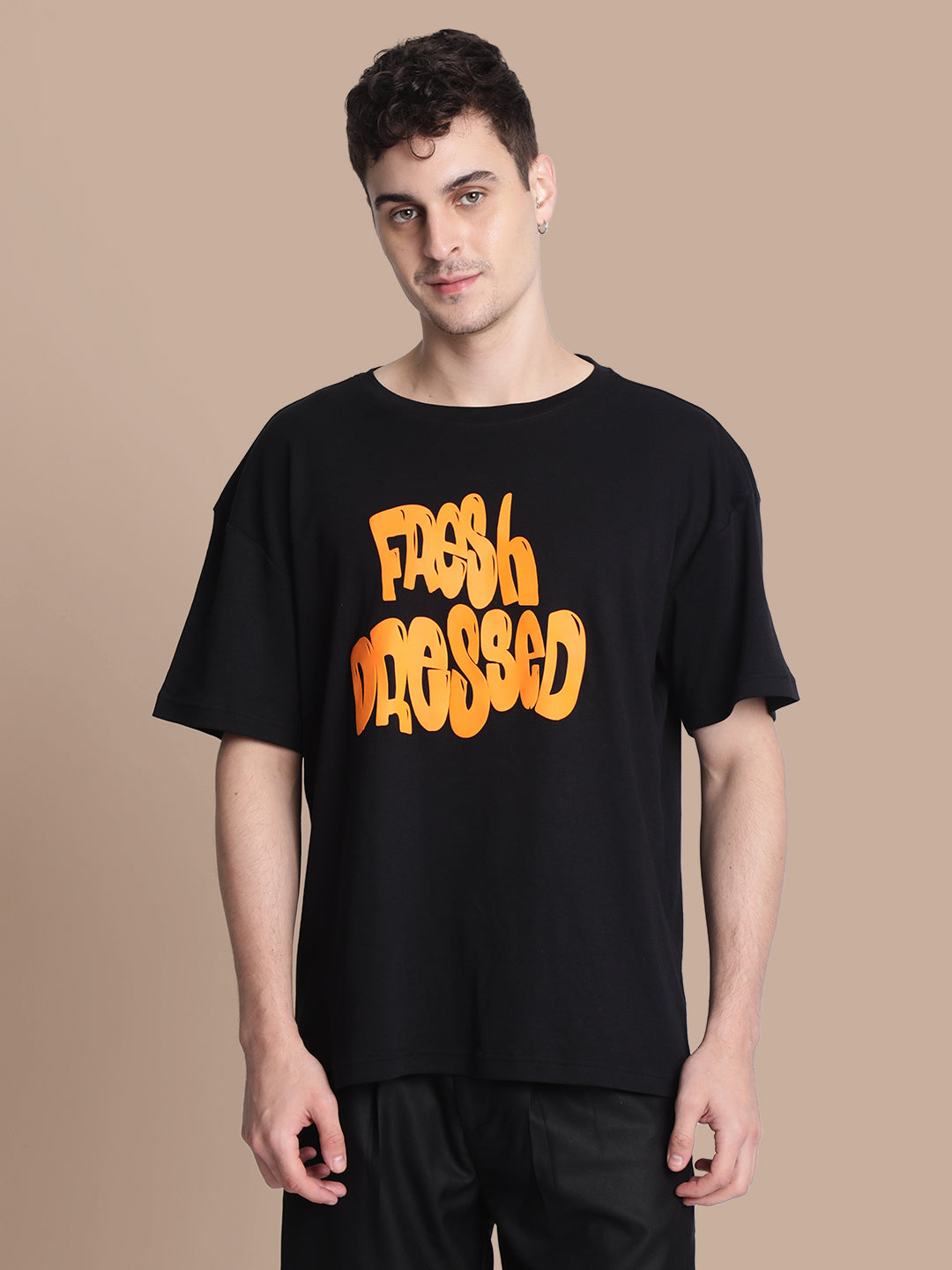 Men Black Oversized Typography Printed Tee