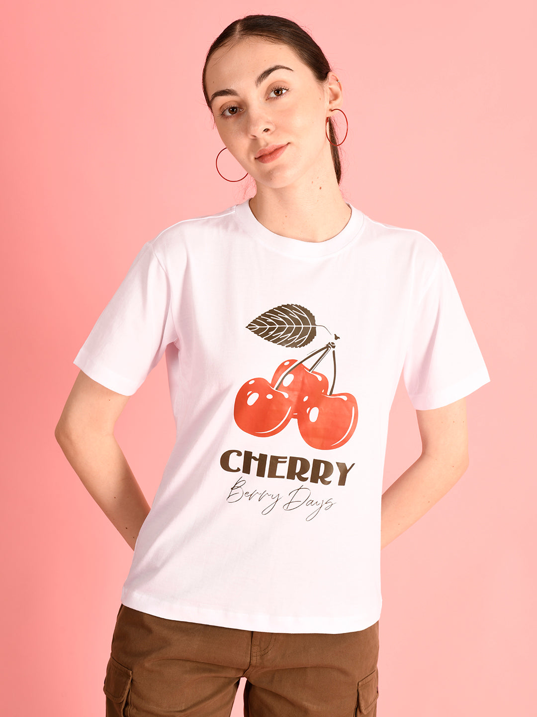 Women's Regular Fit White T-Shirt with 'Cherry' Typography Graphic