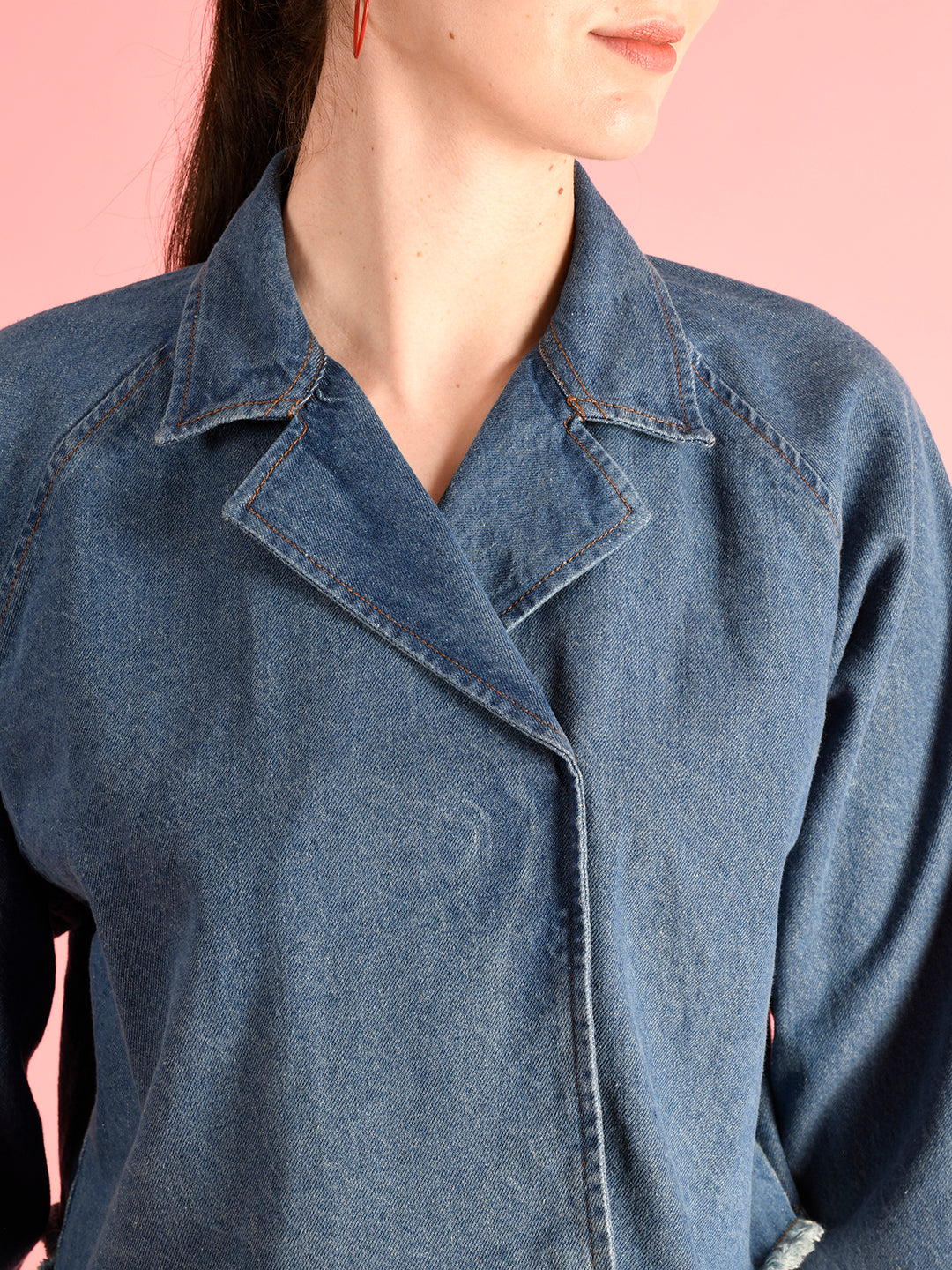 Women Solid Washed Lapel Collar Crop Pure Cotton Denim Jacket