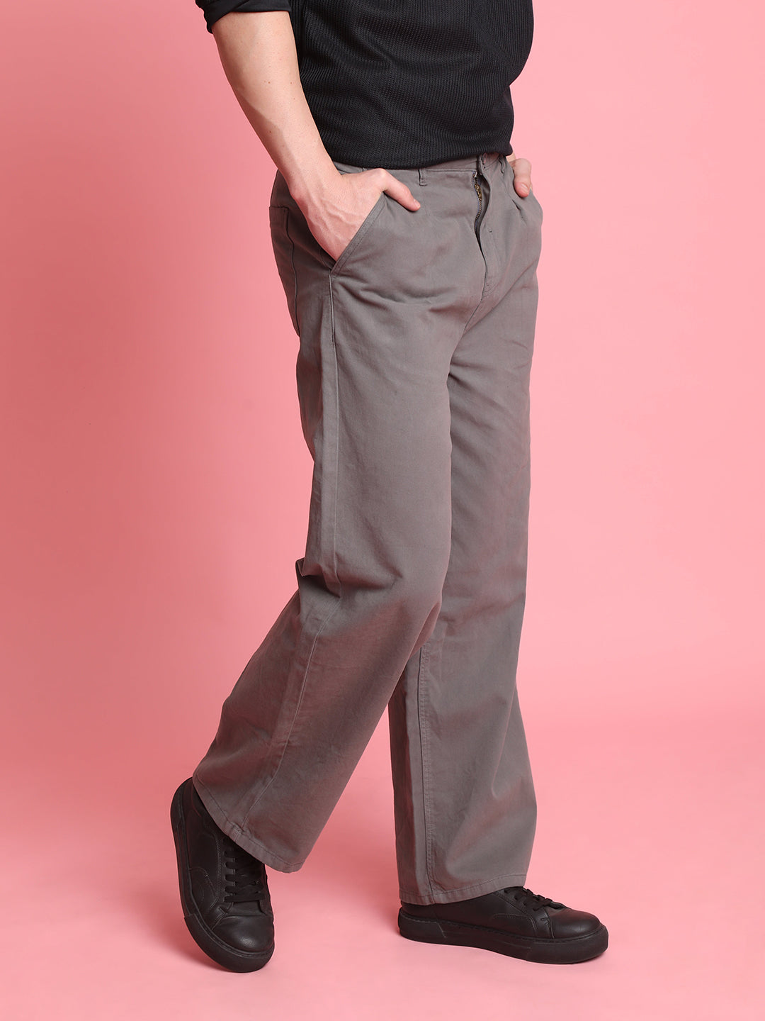 Men Light Grey Baggy Fit Casual Trousers