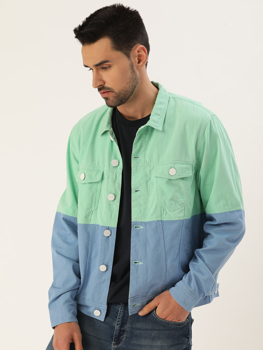 Men Mint/Blue Slim Fit Colour Block Jacket