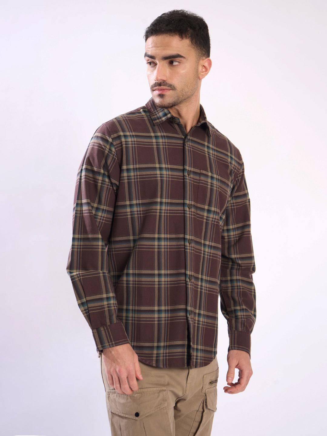 Men Brown Checked Single Pocket Casual Shirt