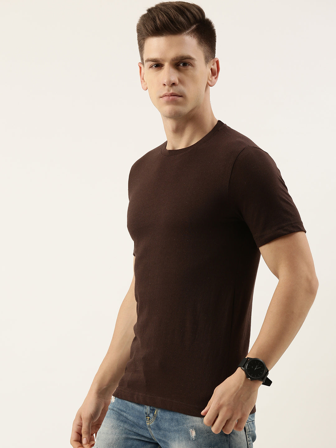 Men Brown Solid Regular Fit T-Shirt