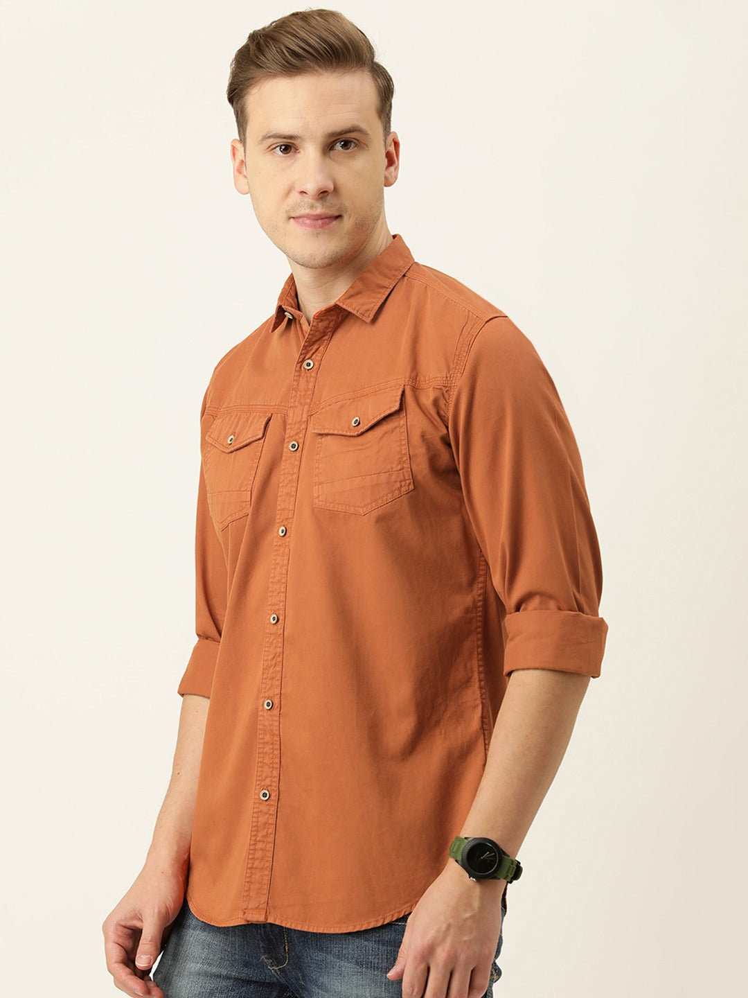 Men Burnt Orange Slim Fit Solid Casual Shirt