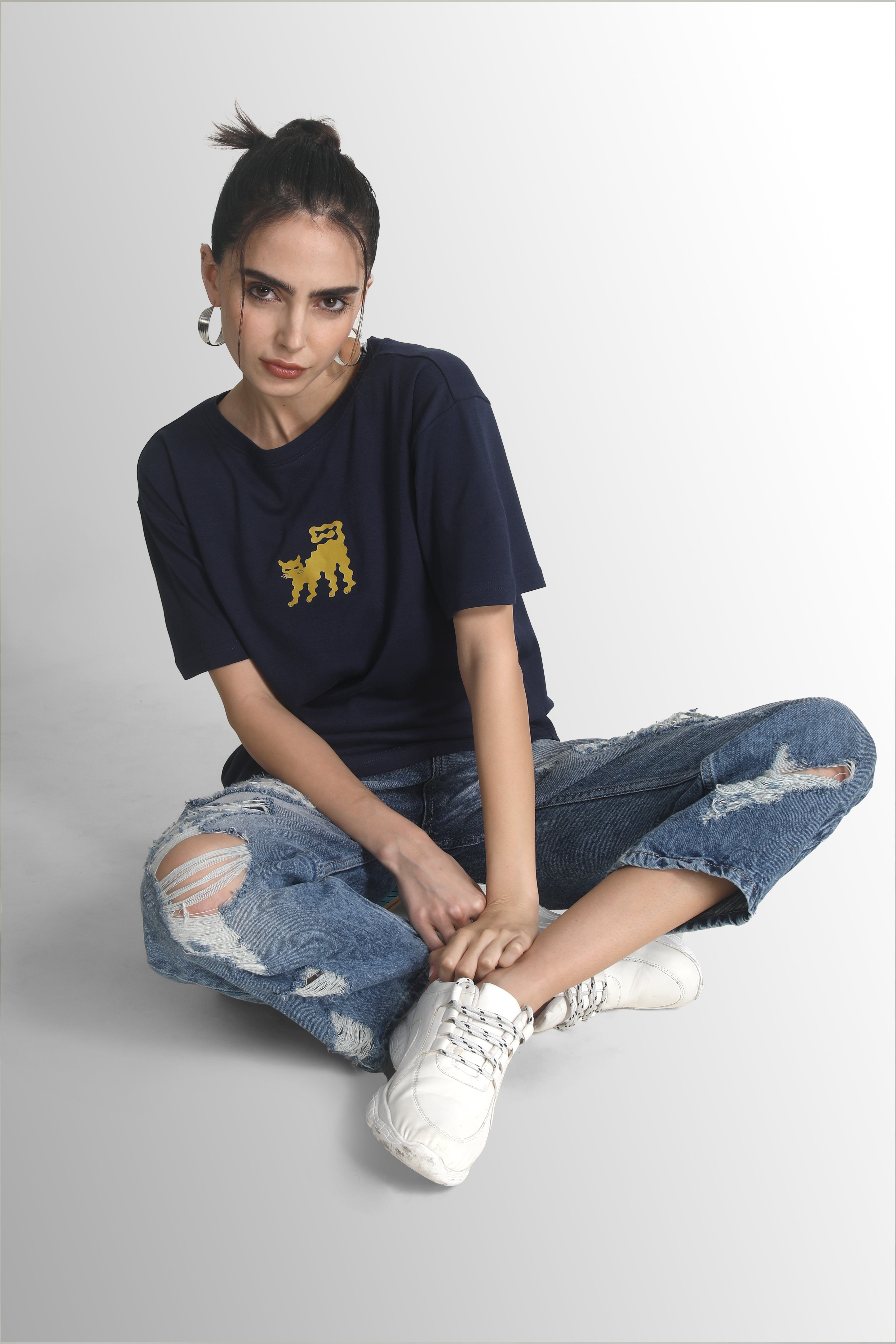 Women Cat Print Boxy Crop T Shirt