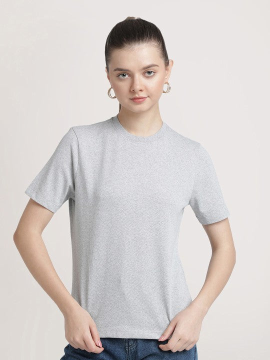 Women Grey Melange Slim Fit Solid Sustainable T-Shirt