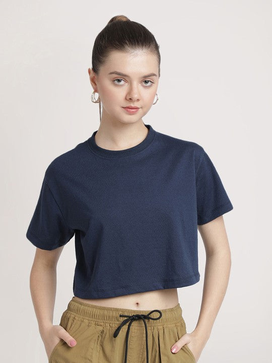 Women Navy Cropped Solid Sustainable Tee