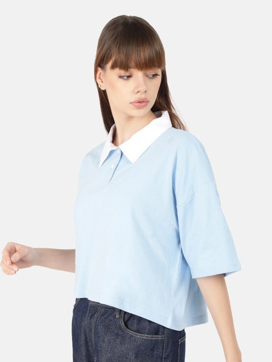 Women Sky Blue Solid Cropped Polo T-Shirt with Contrast Collar