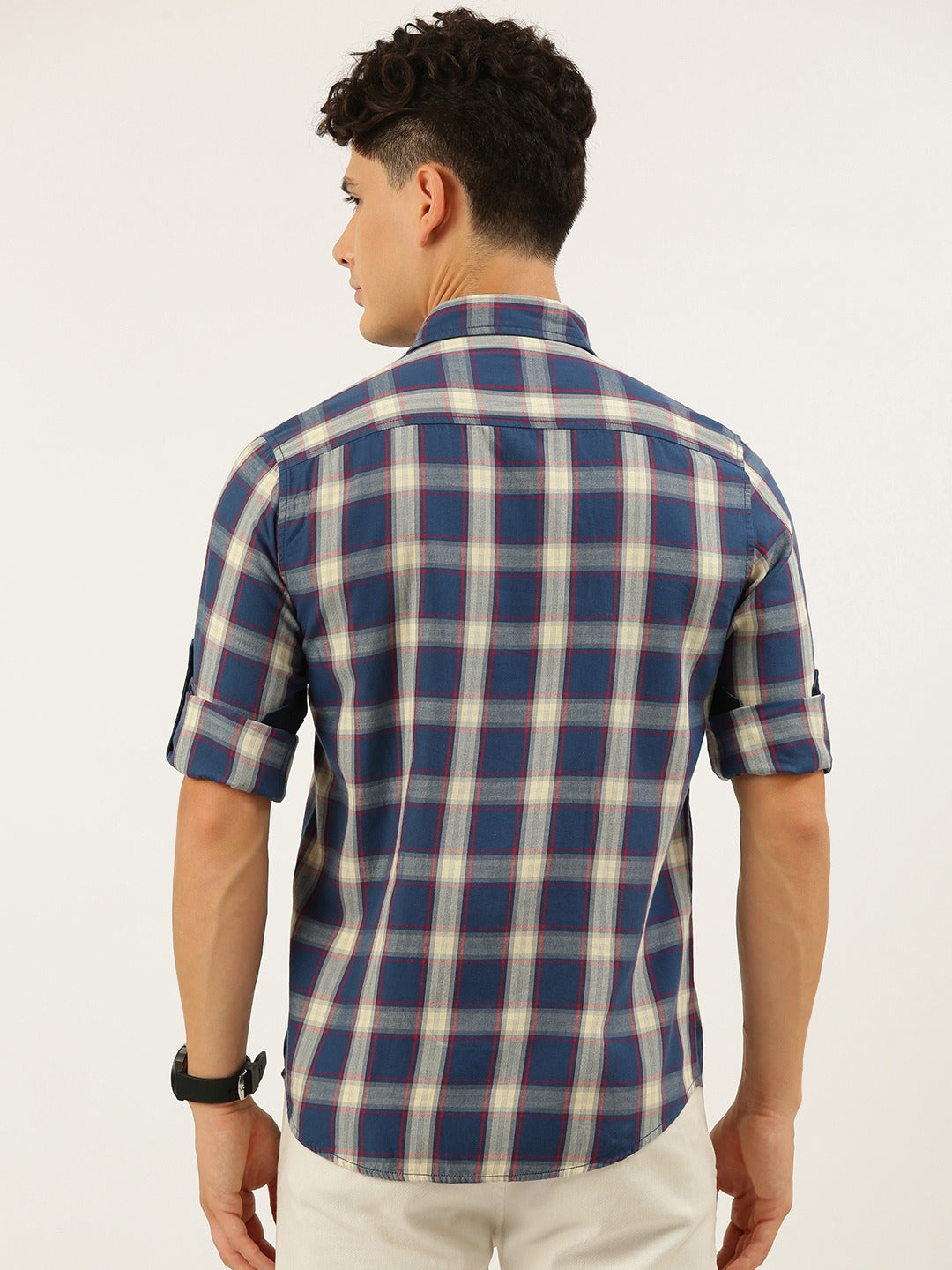 Men Blue White Slim Fit Checkered Casual Shirt