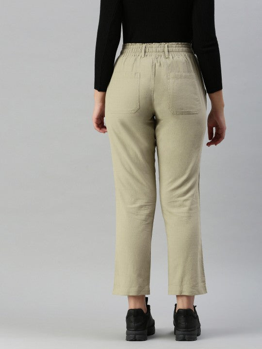 Women Moss Olive Regular Fit Solid Casual Trousers