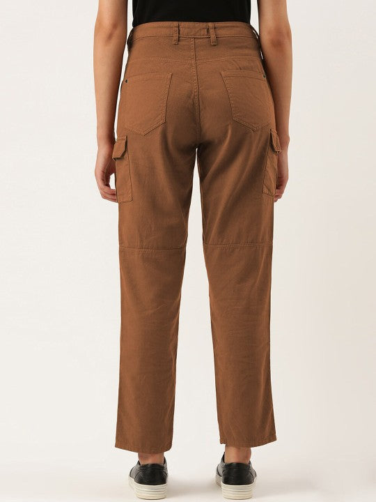 Women Brown Overdyed Slim Fit Solid Cargo Trousers