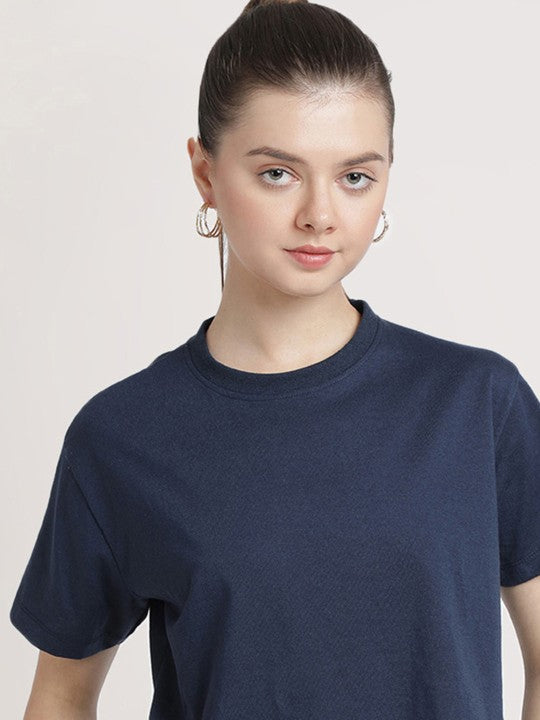 Women Navy Cropped Solid Sustainable Tee