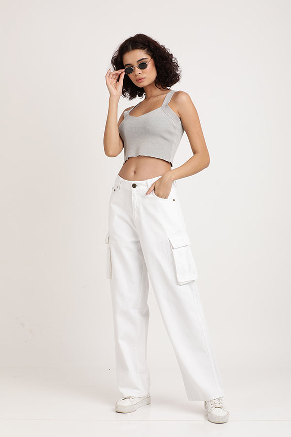 Women White Relaxed Fit Solid Cargo Jeans