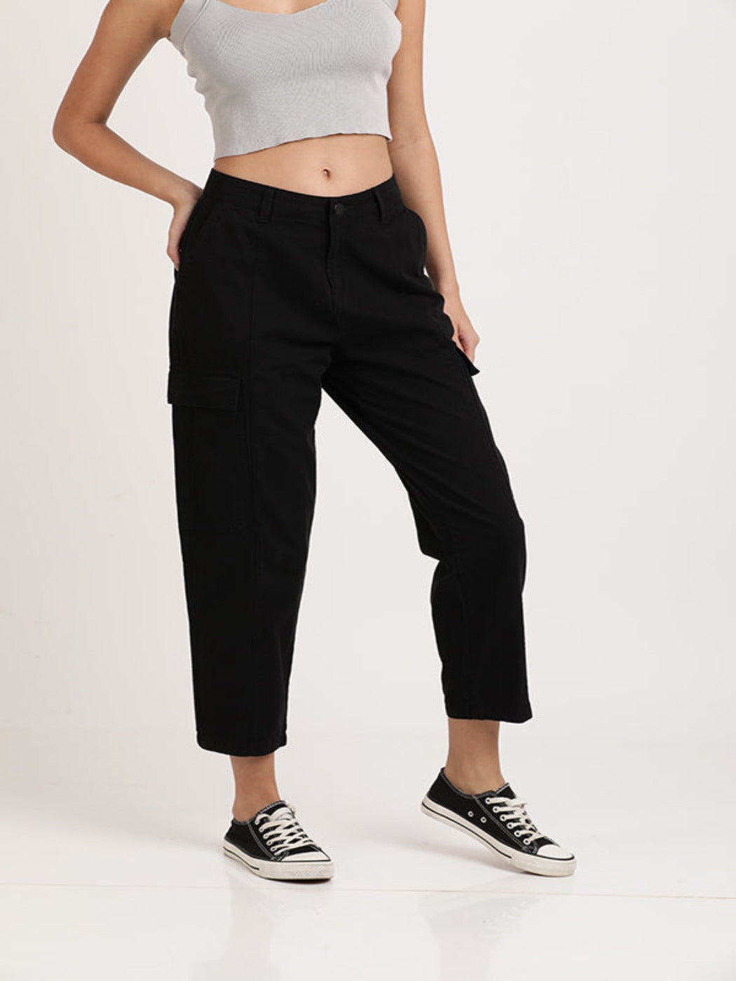 Women Black Regular Fit Solid Cargo Trousers