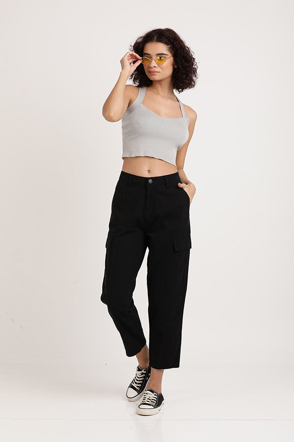 Women Black Regular Fit Solid Cargo Trousers