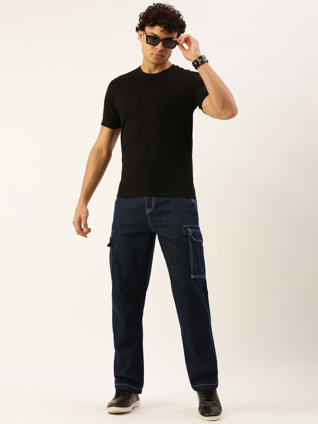 Men Navy Blue Relaxed Fit Solid Cargo Jeans