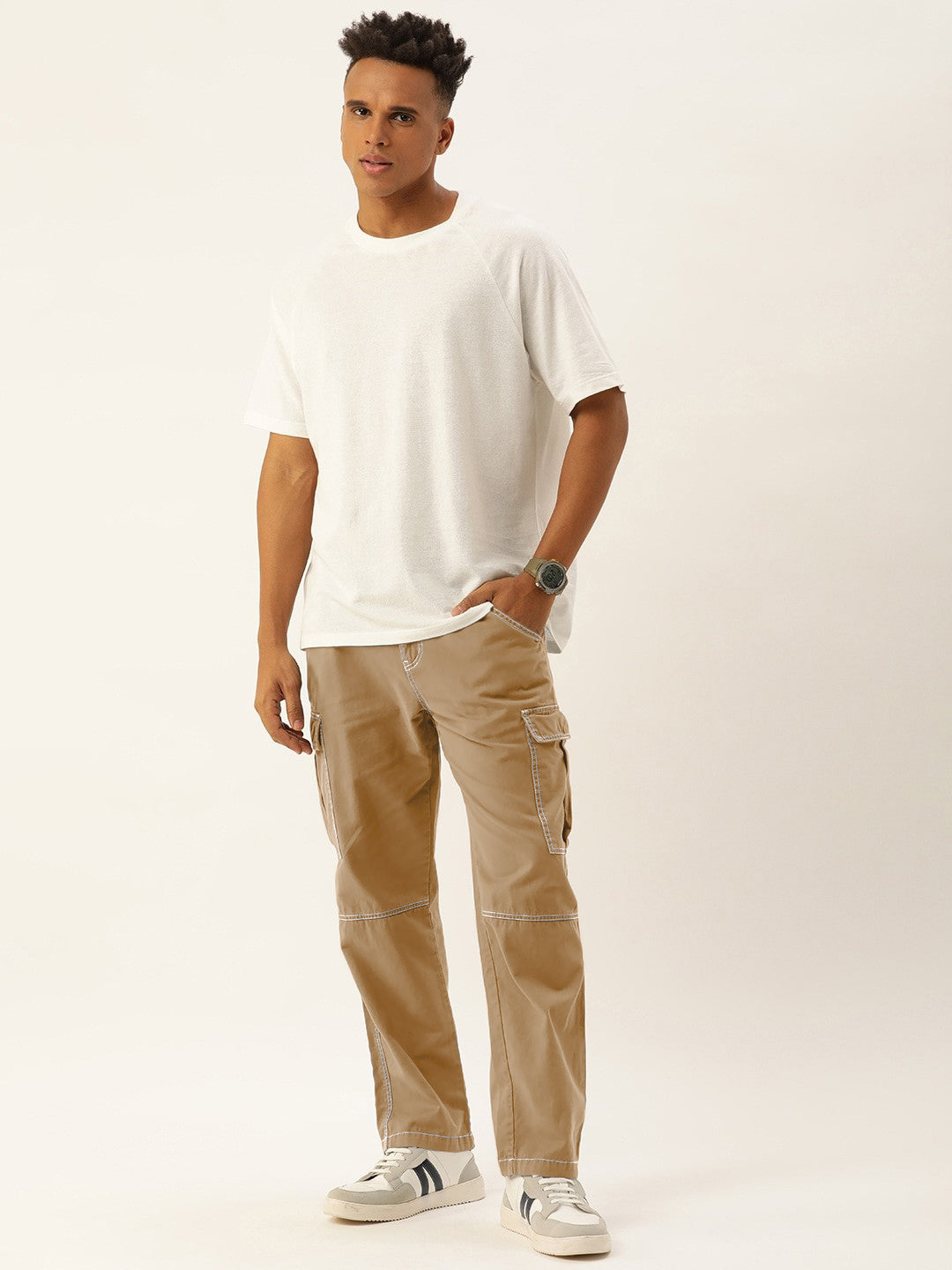 Men Ivory Beige Overdyed Relaxed Fit Solid Cargo Trouser with Contrast Stitch