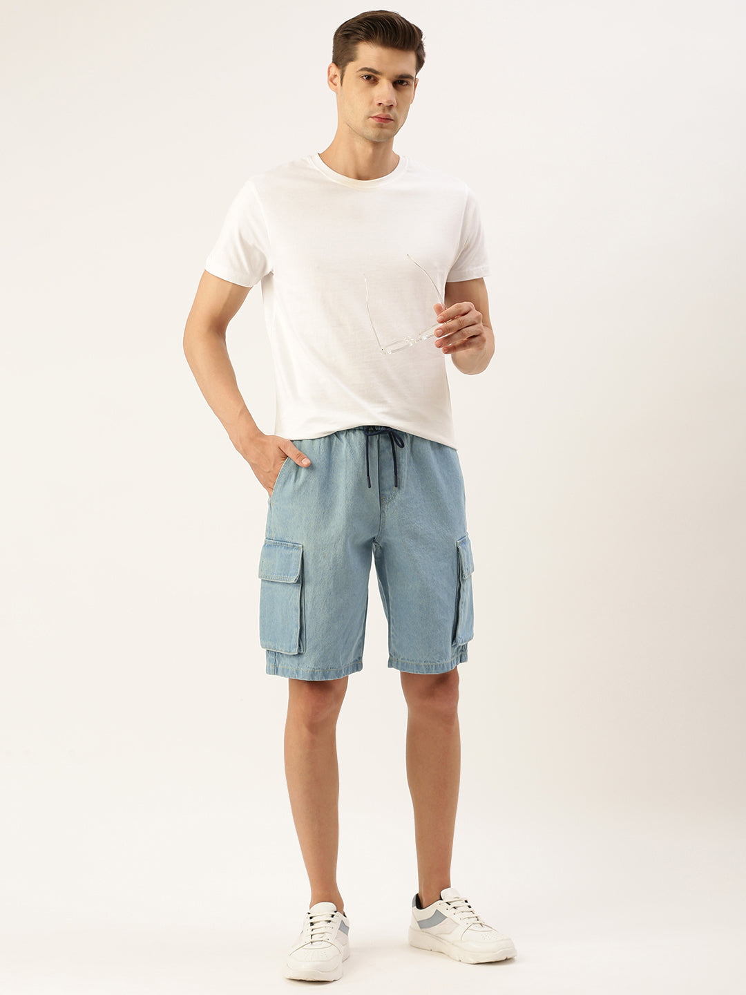 Men Light Blue Slim Fit Solid Denim Cargo Shorts