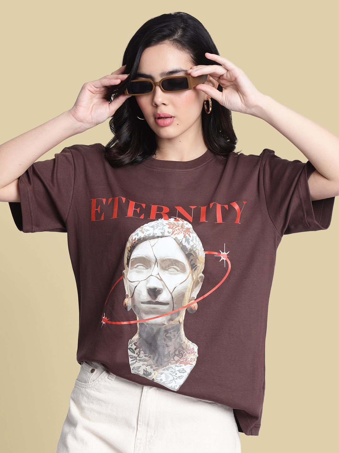 Women Brown 'Eternity' Graphic Oversize Tshirt