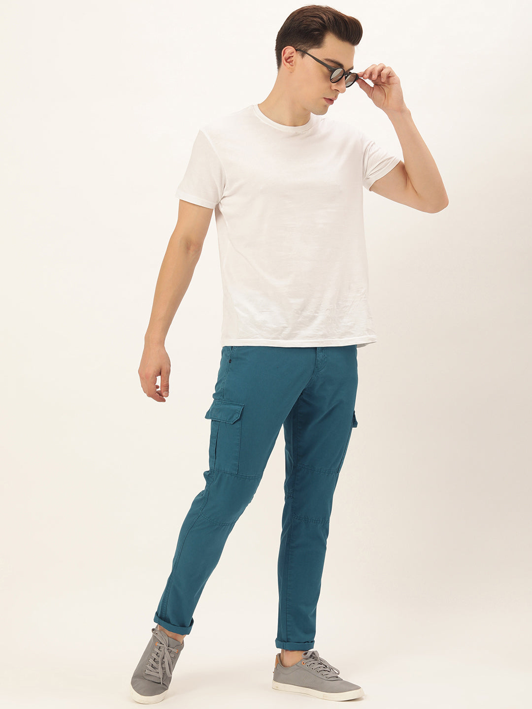 Men Teal Slim Fit Solid Cargo Trouser