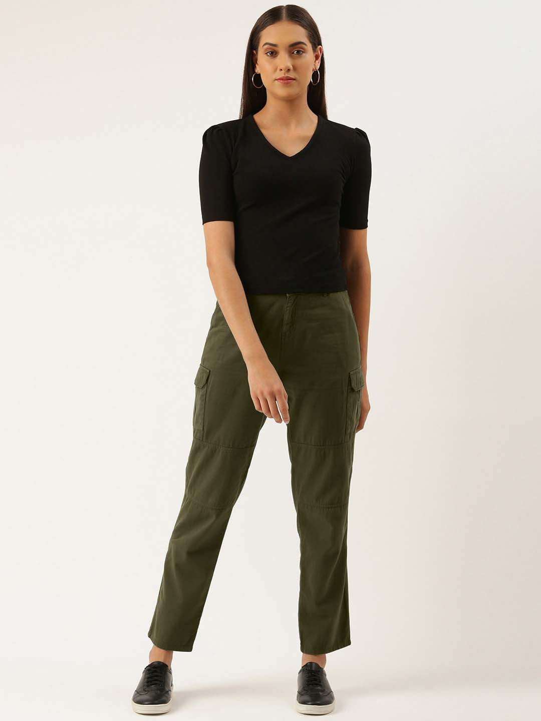 Women Forest Green Slim Fit Solid Cargo Trousers