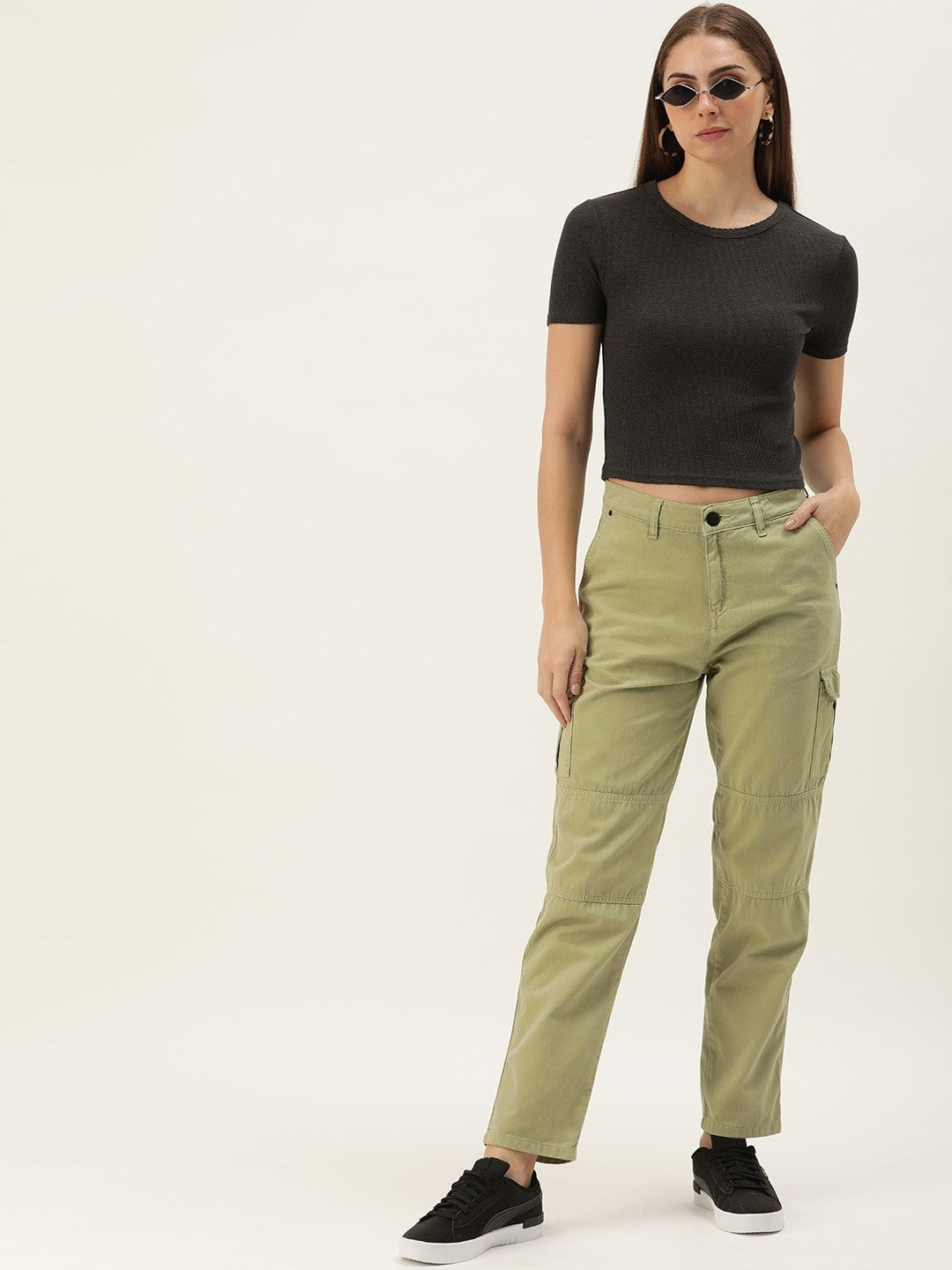 Women Green Herb Slim Fit Solid Cargo Trousers