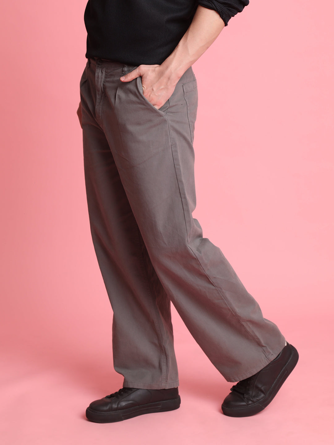 Men Light Grey Baggy Fit Casual Trousers