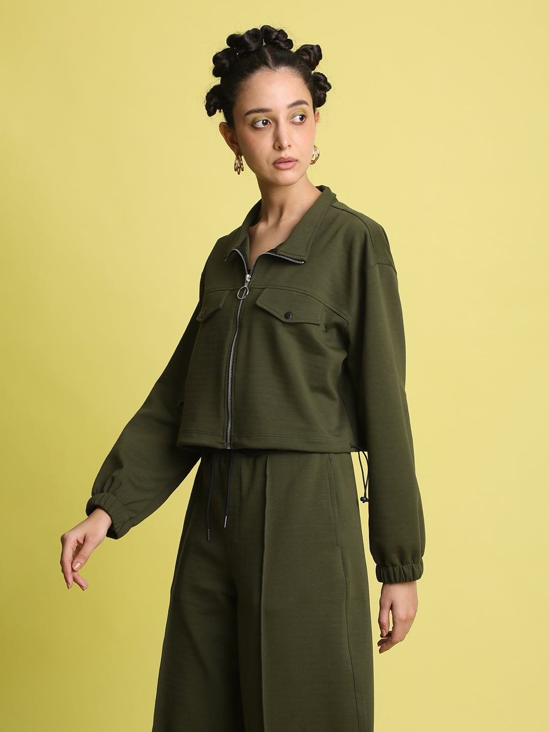 Women Olive Cropped Jacket