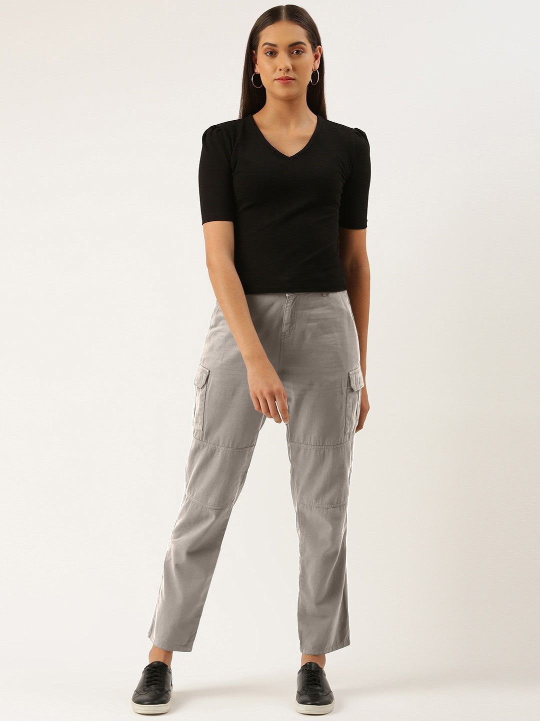 Women Silver Grey Slim Fit Solid Cargo Trousers