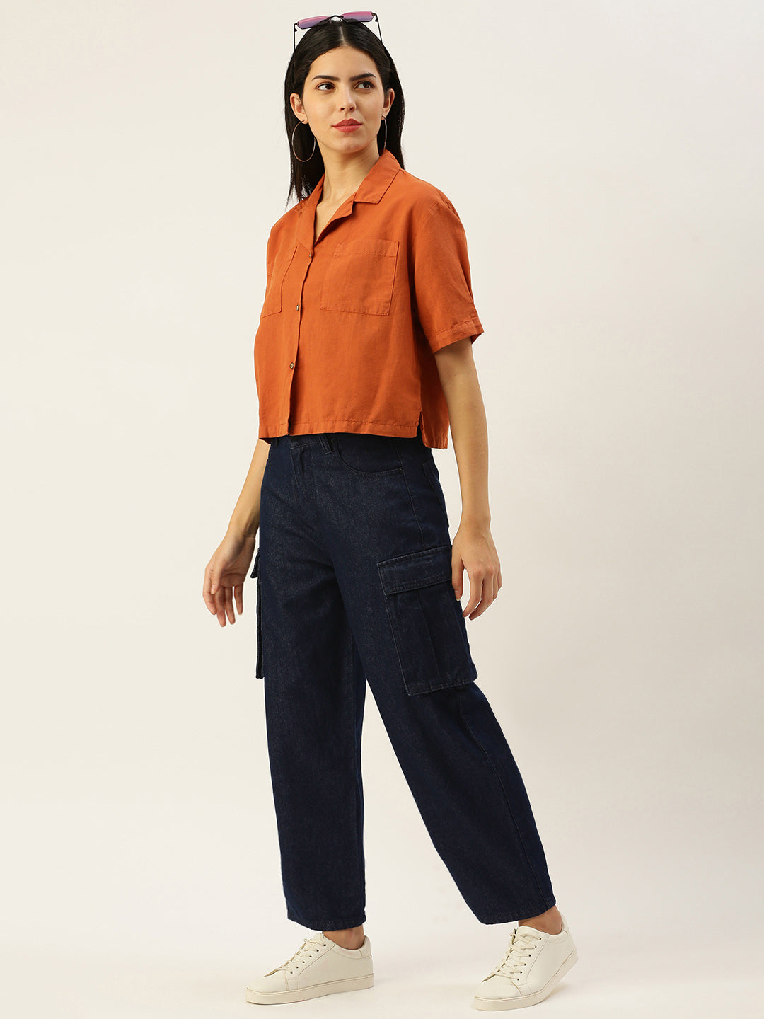 Women Navy Balloon Fit Solid Cargo Jeans