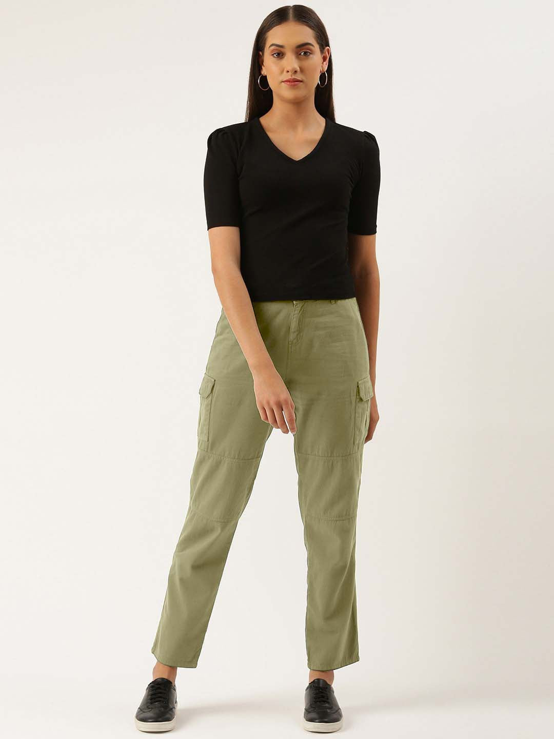 Women Olive Drab Slim Fit Solid Cargo Trousers