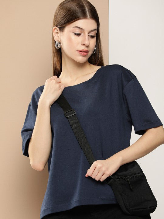 Women Navy Oversized Interlock Solid T-Shirt