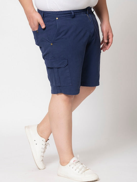 Men Prussian Blue Regular Fit Solid Cargo Shorts