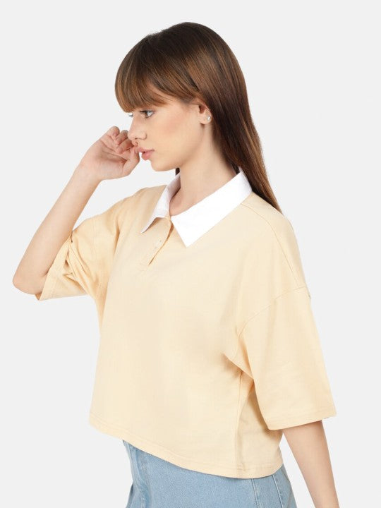 Women Beige Solid Cropped Polo T-Shirt with Contrast Collar