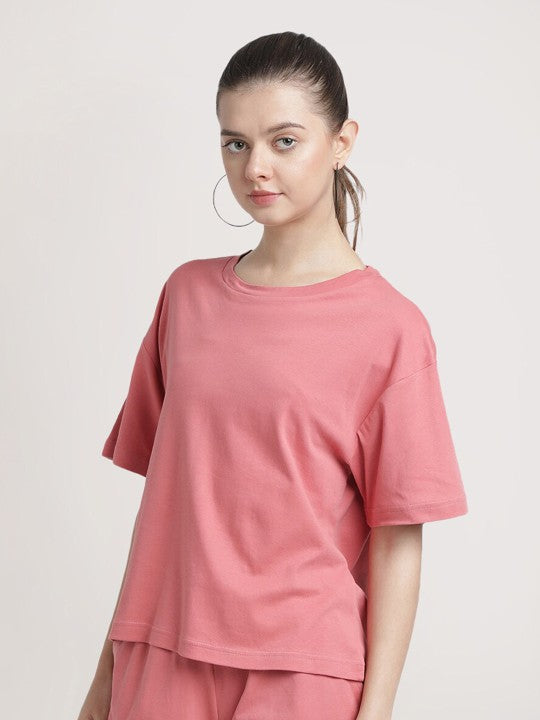 Women Peach Beige Interlock Solid Oversized T-shirt