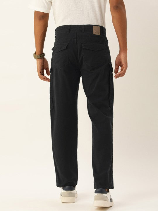 Men Black Relaxed Fit Solid Cargo Trouser