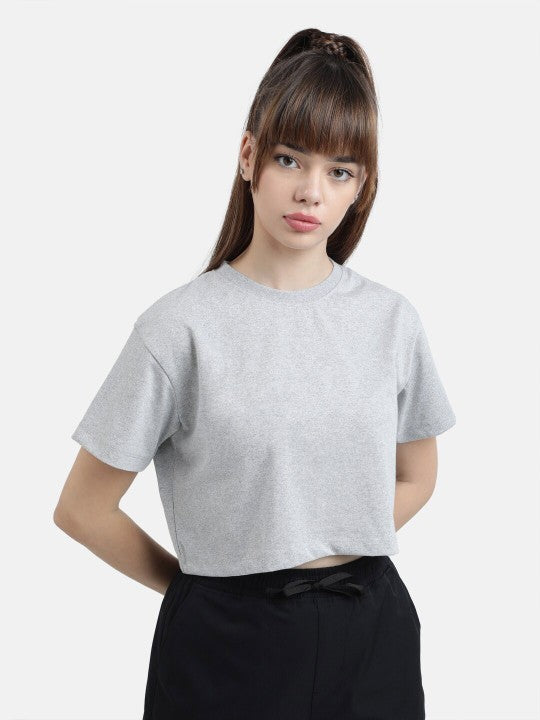 Women Grey Melange Solid Cropped Sustainable Tee