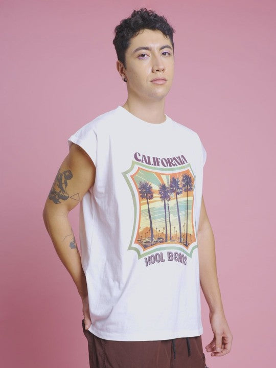 Men's Printed Round Neck  White Sleeveless T Shirt