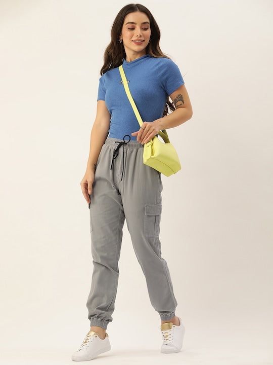 Women Grey Alloy Solid Regular Fit Cargo Joggers