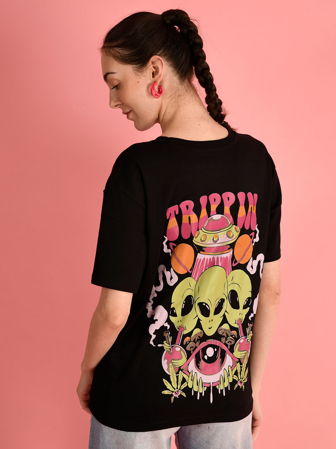 Women Over Size Fit Black T-Shirts - Trip