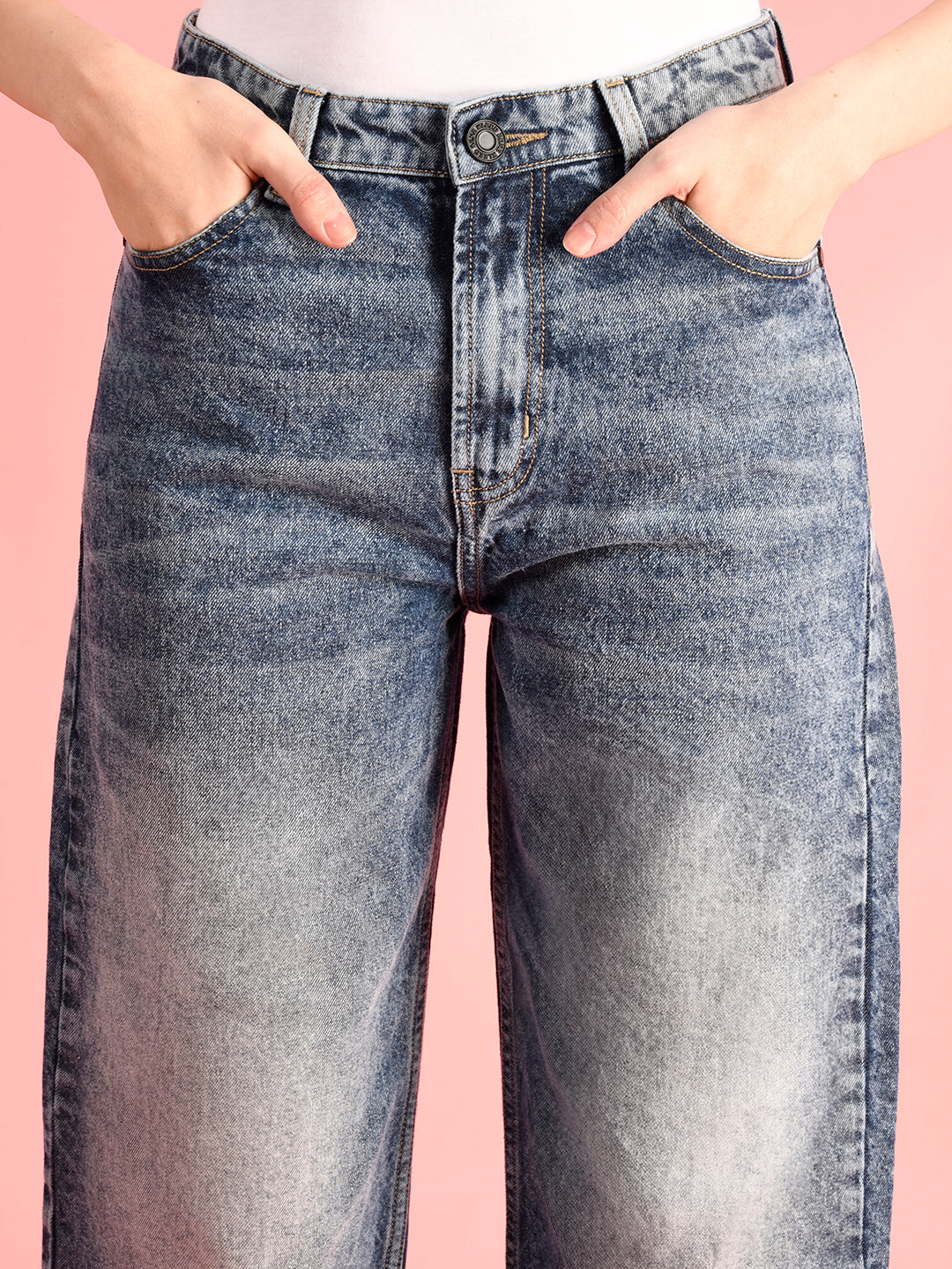 Women Balloon Fit Blue Denim Trousers