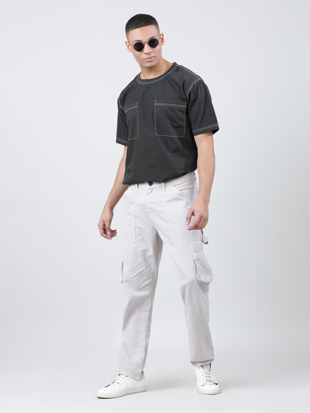 Men Silver Grey Straight Fit Solid Carpenter Style Cargo Trouser