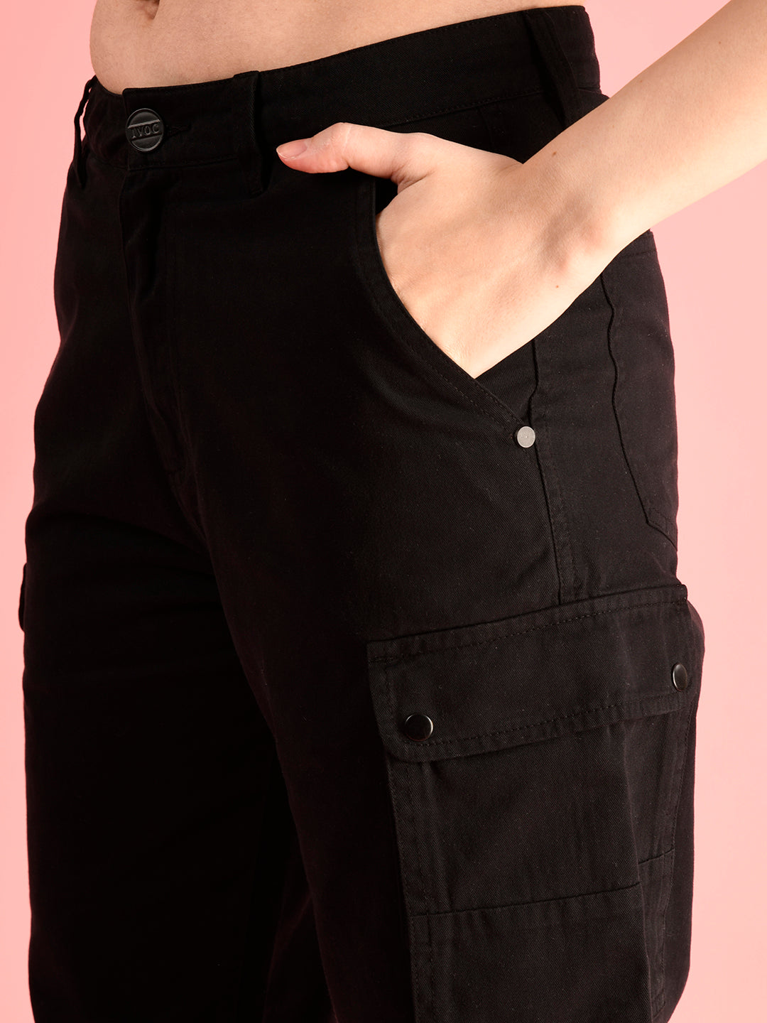 Women's Straight Fit High-Rise Black Cargo Trousers with 6 Pockets