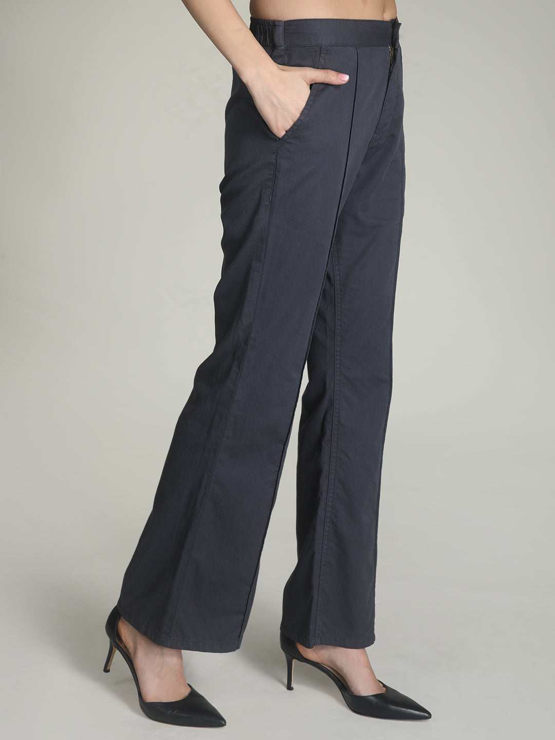 Women High Flare Fit Charcoal Grey Trousers