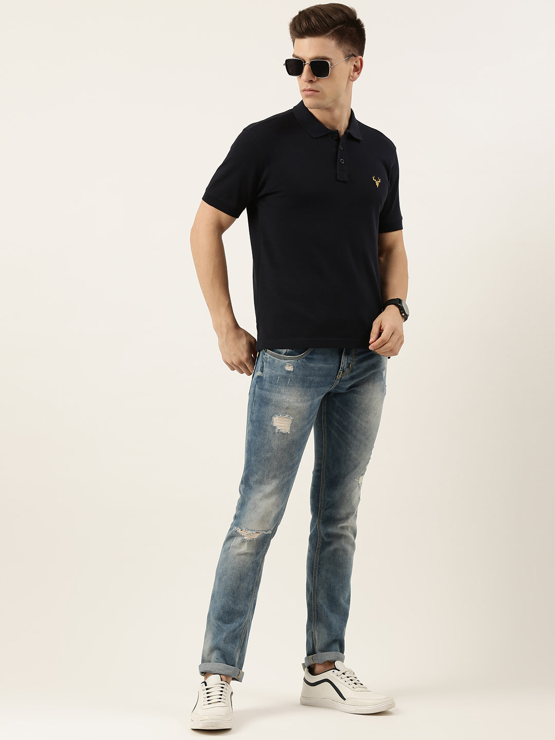 Men Peacot Blue Solid Regular Fit Polo T-Shirt